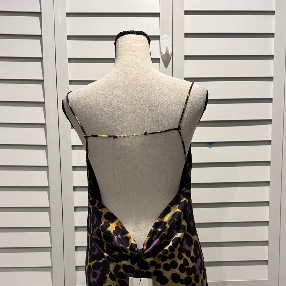 Zara Satin printed slip lined Dress with a Leopard Black, Purple, Brown print. - Picture 10 of 17